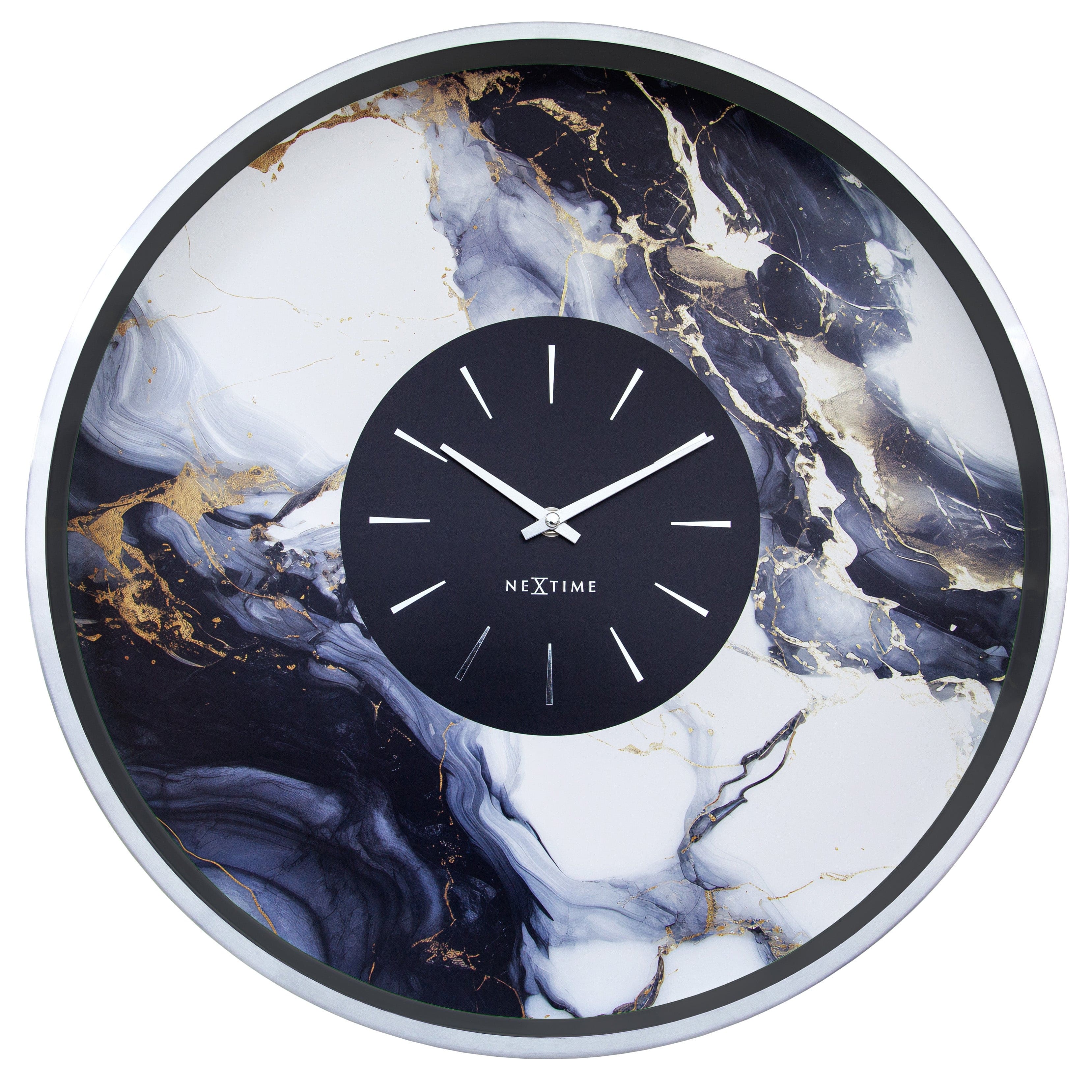 Large NeXtime Marble Duo wall clock, 48cm, silent aluminium design with a stylish marble finish, displayed front view.